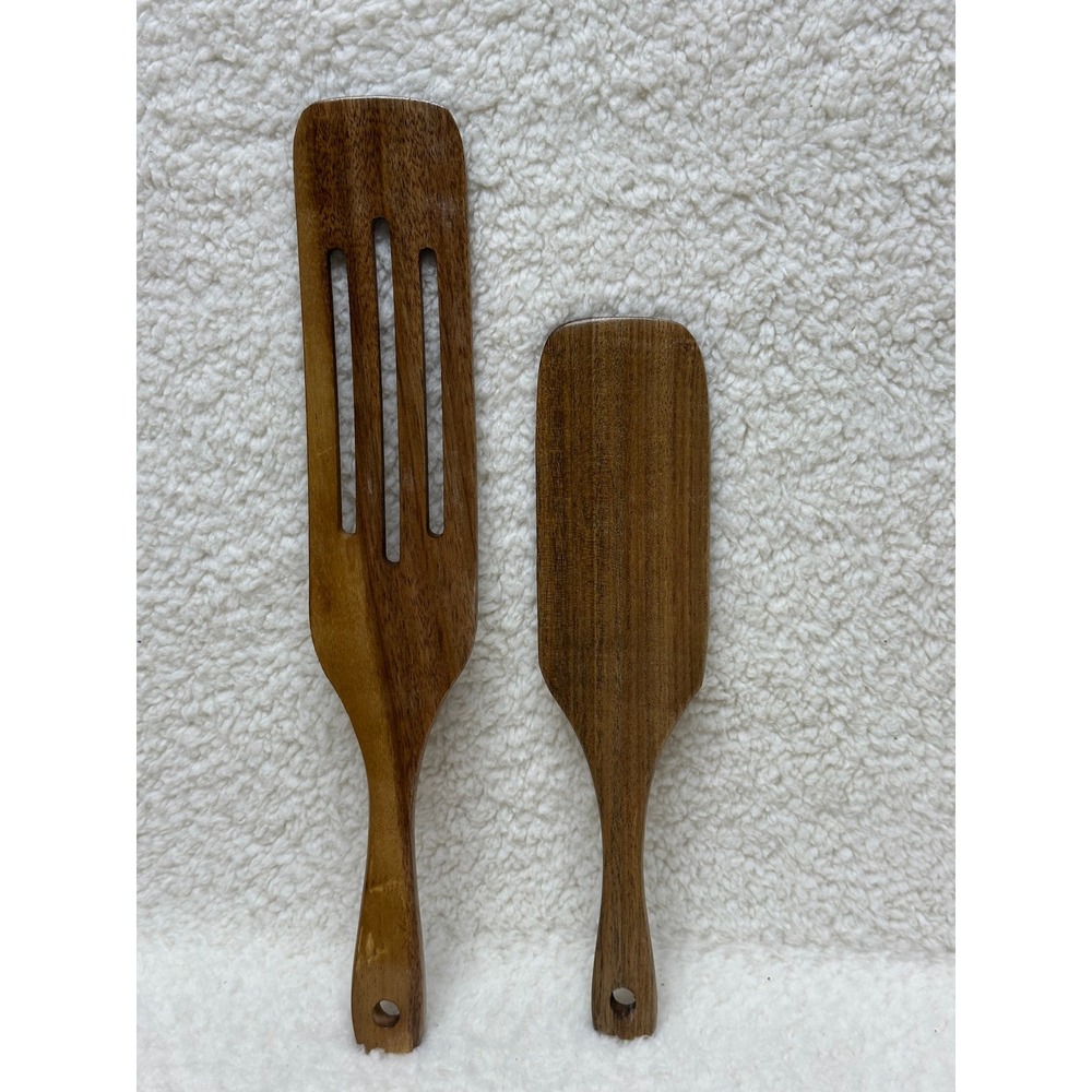 Wooden Utensil Kitchen Set of 2 One Slotted and One Solid Turner Spatulas Brown